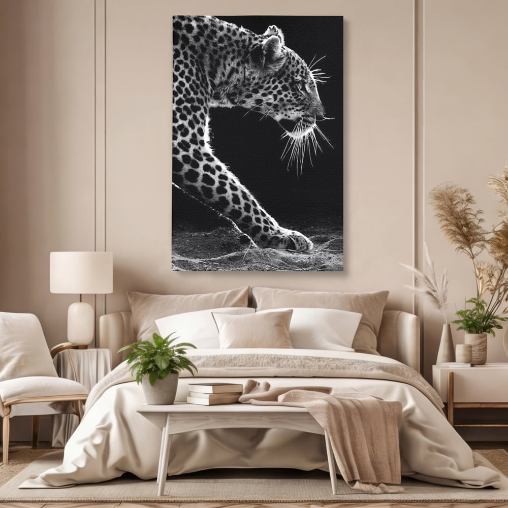 Tablou Canvas Premium, LuxCanva® M1178, Clipa de Atac, Leopard, Vanator, Salbatic, Alb si Negru, Profil, Felina, Portret, Atac, Realist, Puternic, Birou, Living, Camera Copil