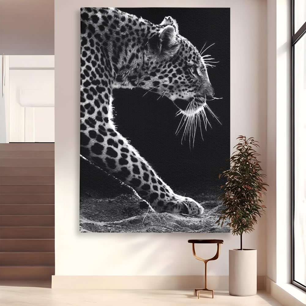 Tablou Canvas Premium, LuxCanva® M1178, Clipa de Atac, Leopard, Vanator, Salbatic, Alb si Negru, Profil, Felina, Portret, Atac, Realist, Puternic, Birou, Living, Camera Copil