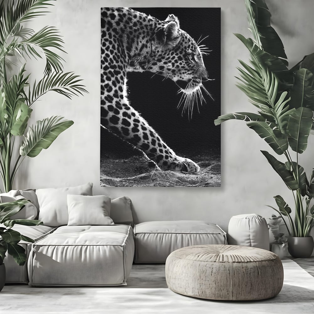 Tablou Canvas Premium, LuxCanva® M1178, Clipa de Atac, Leopard, Vanator, Salbatic, Alb si Negru, Profil, Felina, Portret, Atac, Realist, Puternic, Birou, Living, Camera Copil