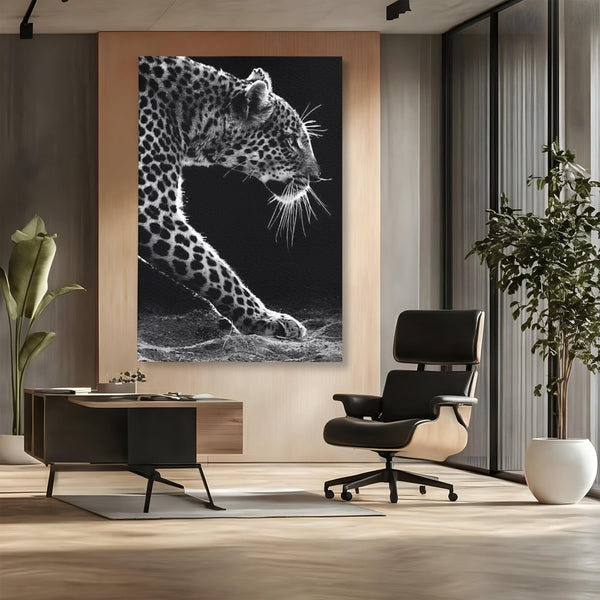 Tablou Canvas Premium, LuxCanva® M1178, Clipa de Atac, Leopard, Vanator, Salbatic, Alb si Negru, Profil, Felina, Portret, Atac, Realist, Puternic, Birou, Living, Camera Copil