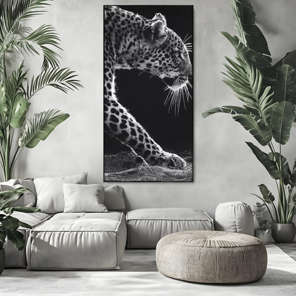 Tablou Canvas Premium, LuxCanva® M1178, Clipa de Atac, Leopard, Vanator, Salbatic, Alb si Negru, Profil, Felina, Portret, Atac, Realist, Puternic, Birou, Living, Camera Copil