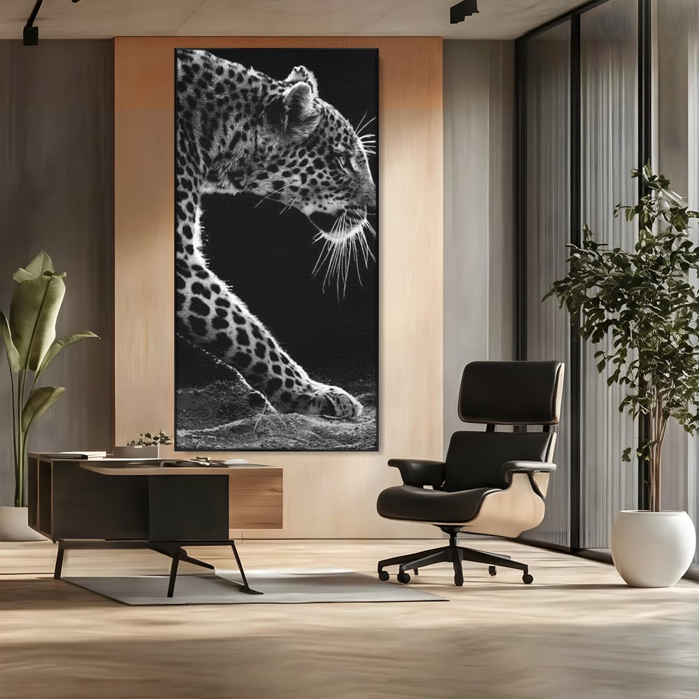Tablou Canvas Premium, LuxCanva® M1178, Clipa de Atac, Leopard, Vanator, Salbatic, Alb si Negru, Profil, Felina, Portret, Atac, Realist, Puternic, Birou, Living, Camera Copil