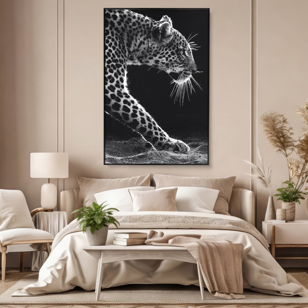 Tablou Canvas Premium, LuxCanva® M1178, Clipa de Atac, Leopard, Vanator, Salbatic, Alb si Negru, Profil, Felina, Portret, Atac, Realist, Puternic, Birou, Living, Camera Copil