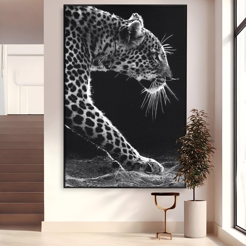 Tablou Canvas Premium, LuxCanva® M1178, Clipa de Atac, Leopard, Vanator, Salbatic, Alb si Negru, Profil, Felina, Portret, Atac, Realist, Puternic, Birou, Living, Camera Copil