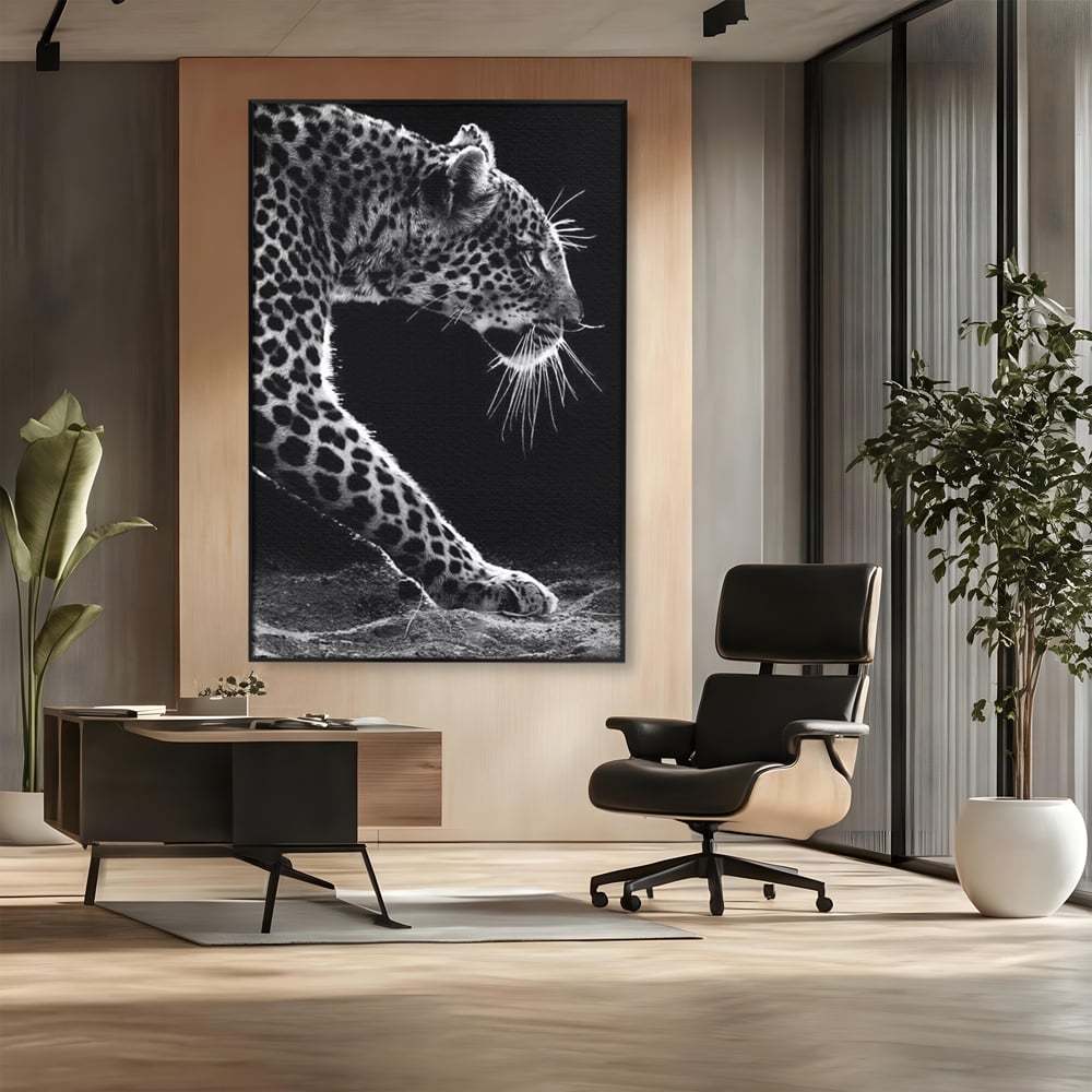 Tablou Canvas Premium, LuxCanva® M1178, Clipa de Atac, Leopard, Vanator, Salbatic, Alb si Negru, Profil, Felina, Portret, Atac, Realist, Puternic, Birou, Living, Camera Copil