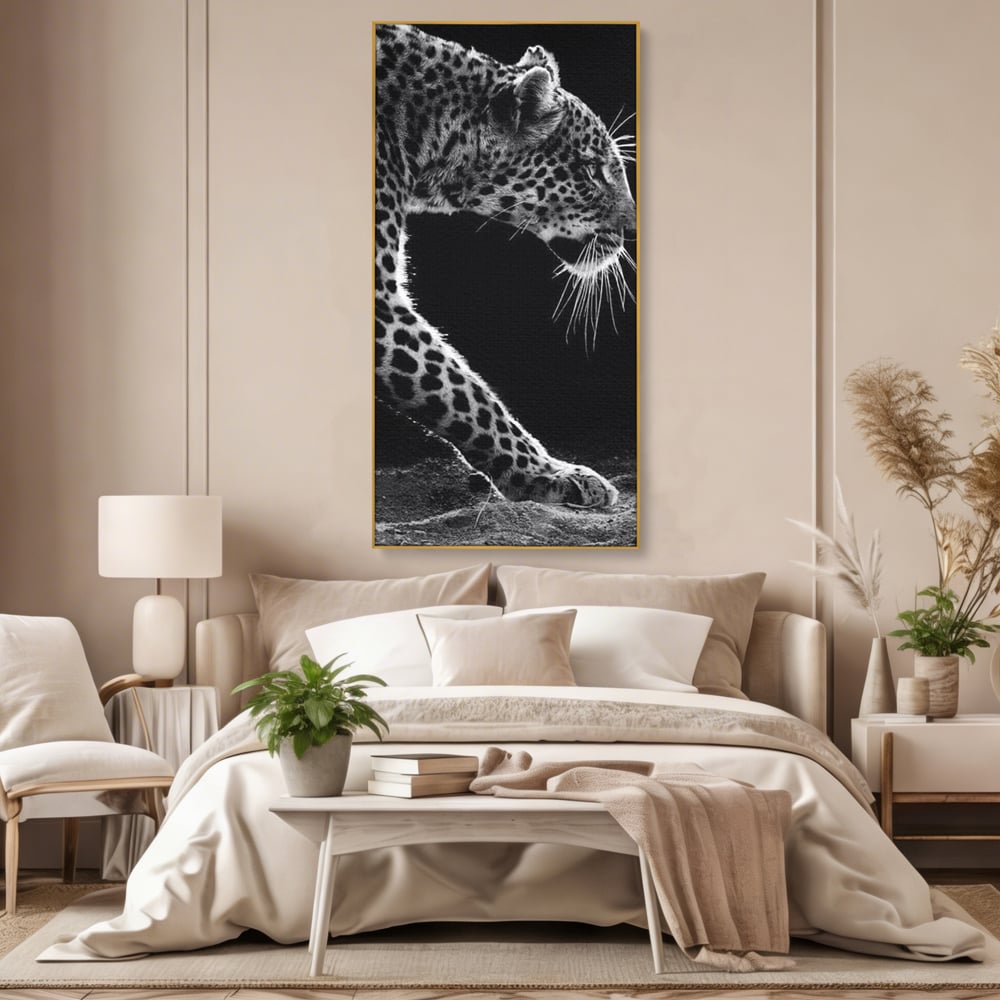 Tablou Canvas Premium, LuxCanva® M1178, Clipa de Atac, Leopard, Vanator, Salbatic, Alb si Negru, Profil, Felina, Portret, Atac, Realist, Puternic, Birou, Living, Camera Copil