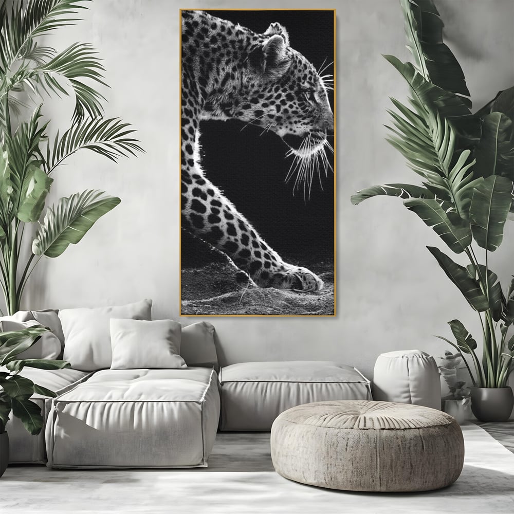 Tablou Canvas Premium, LuxCanva® M1178, Clipa de Atac, Leopard, Vanator, Salbatic, Alb si Negru, Profil, Felina, Portret, Atac, Realist, Puternic, Birou, Living, Camera Copil