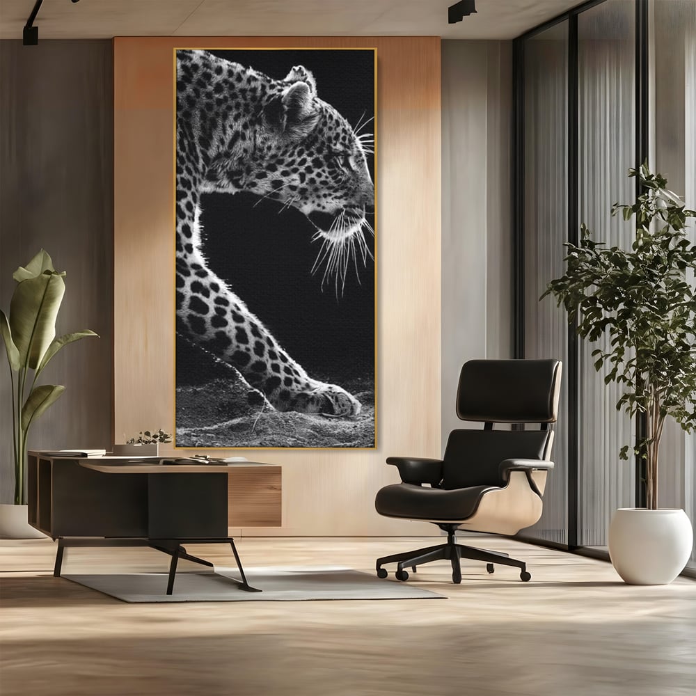 Tablou Canvas Premium, LuxCanva® M1178, Clipa de Atac, Leopard, Vanator, Salbatic, Alb si Negru, Profil, Felina, Portret, Atac, Realist, Puternic, Birou, Living, Camera Copil