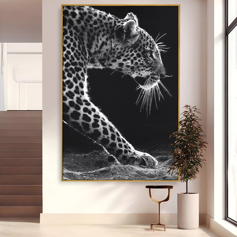 Tablou Canvas Premium, LuxCanva® M1178, Clipa de Atac, Leopard, Vanator, Salbatic, Alb si Negru, Profil, Felina, Portret, Atac, Realist, Puternic, Birou, Living, Camera Copil