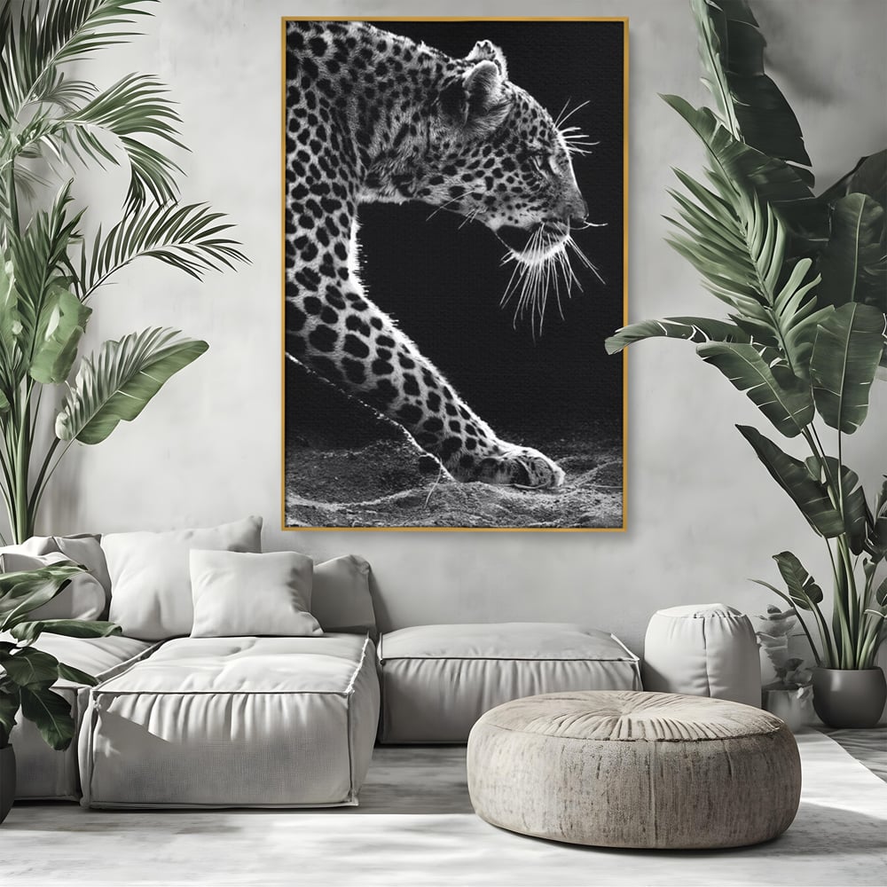 Tablou Canvas Premium, LuxCanva® M1178, Clipa de Atac, Leopard, Vanator, Salbatic, Alb si Negru, Profil, Felina, Portret, Atac, Realist, Puternic, Birou, Living, Camera Copil