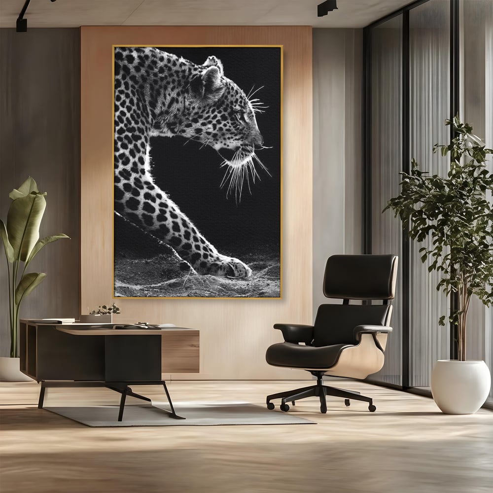 Tablou Canvas Premium, LuxCanva® M1178, Clipa de Atac, Leopard, Vanator, Salbatic, Alb si Negru, Profil, Felina, Portret, Atac, Realist, Puternic, Birou, Living, Camera Copil