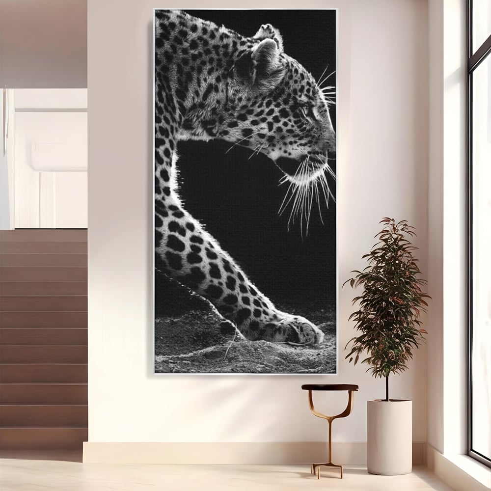 Tablou Canvas Premium, LuxCanva® M1178, Clipa de Atac, Leopard, Vanator, Salbatic, Alb si Negru, Profil, Felina, Portret, Atac, Realist, Puternic, Birou, Living, Camera Copil