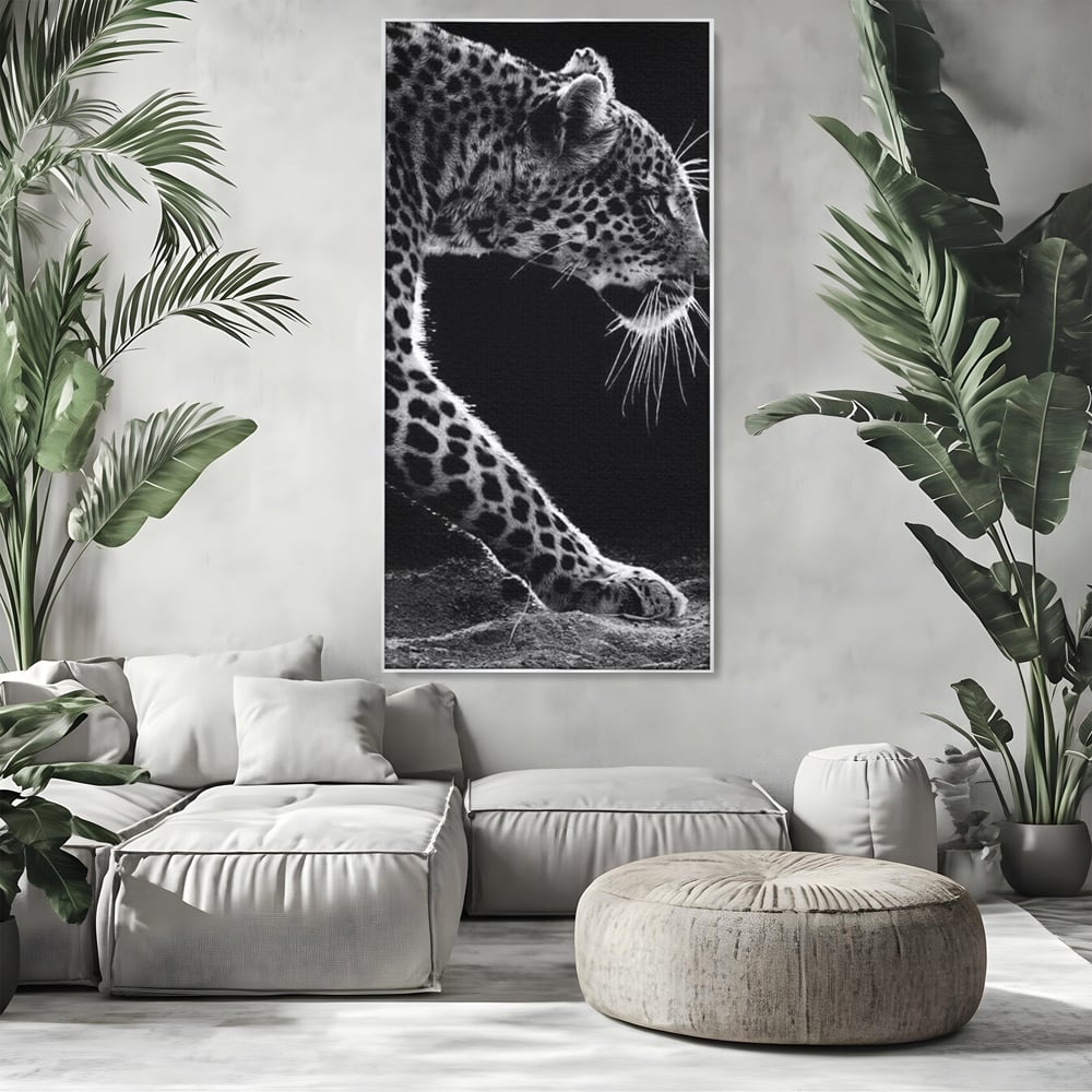 Tablou Canvas Premium, LuxCanva® M1178, Clipa de Atac, Leopard, Vanator, Salbatic, Alb si Negru, Profil, Felina, Portret, Atac, Realist, Puternic, Birou, Living, Camera Copil