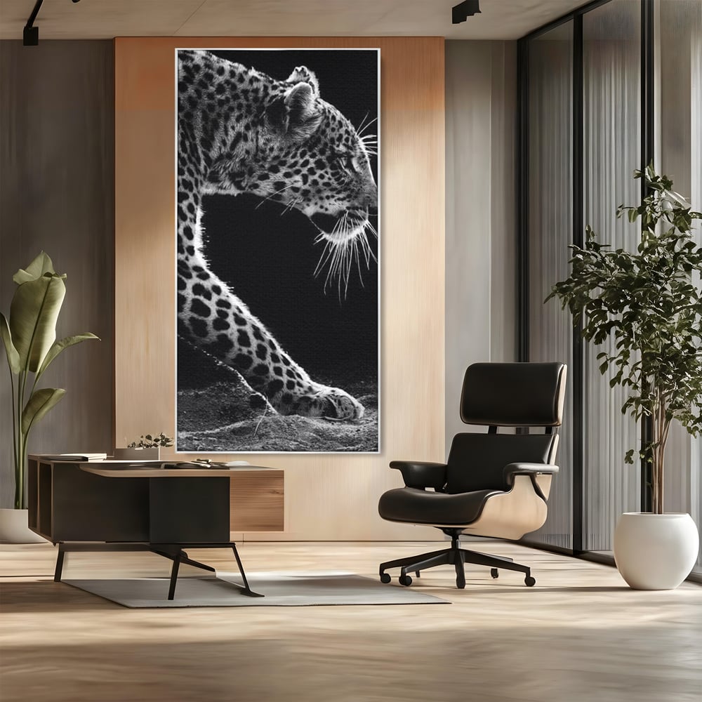 Tablou Canvas Premium, LuxCanva® M1178, Clipa de Atac, Leopard, Vanator, Salbatic, Alb si Negru, Profil, Felina, Portret, Atac, Realist, Puternic, Birou, Living, Camera Copil
