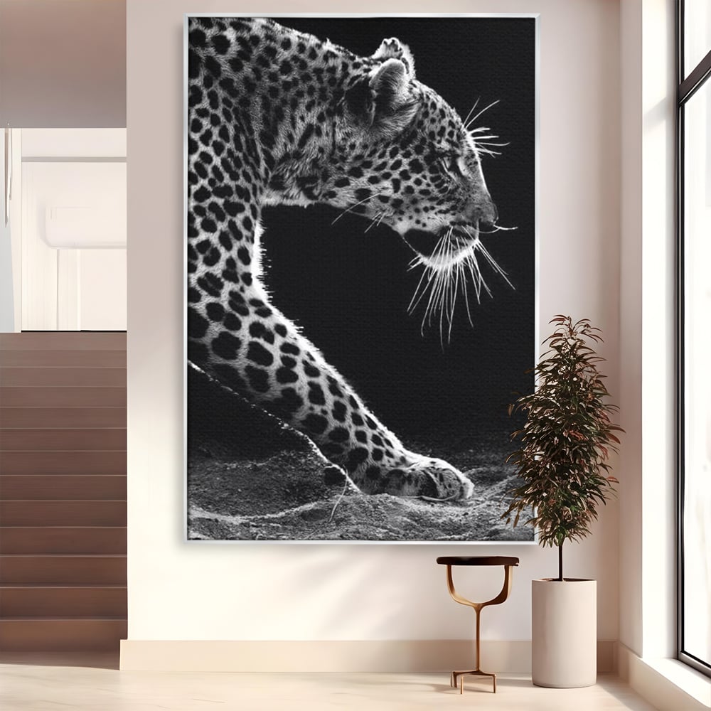 Tablou Canvas Premium, LuxCanva® M1178, Clipa de Atac, Leopard, Vanator, Salbatic, Alb si Negru, Profil, Felina, Portret, Atac, Realist, Puternic, Birou, Living, Camera Copil