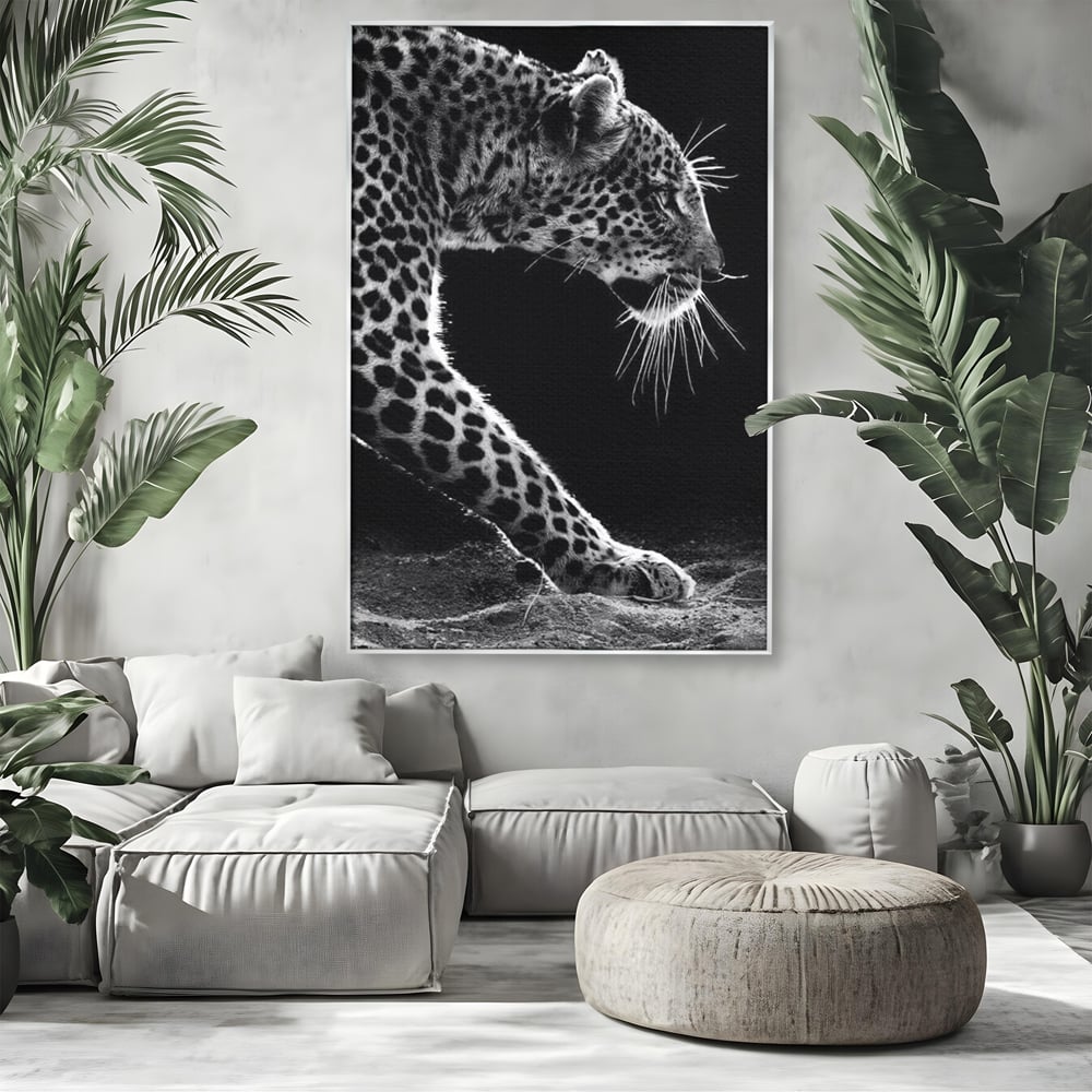 Tablou Canvas Premium, LuxCanva® M1178, Clipa de Atac, Leopard, Vanator, Salbatic, Alb si Negru, Profil, Felina, Portret, Atac, Realist, Puternic, Birou, Living, Camera Copil