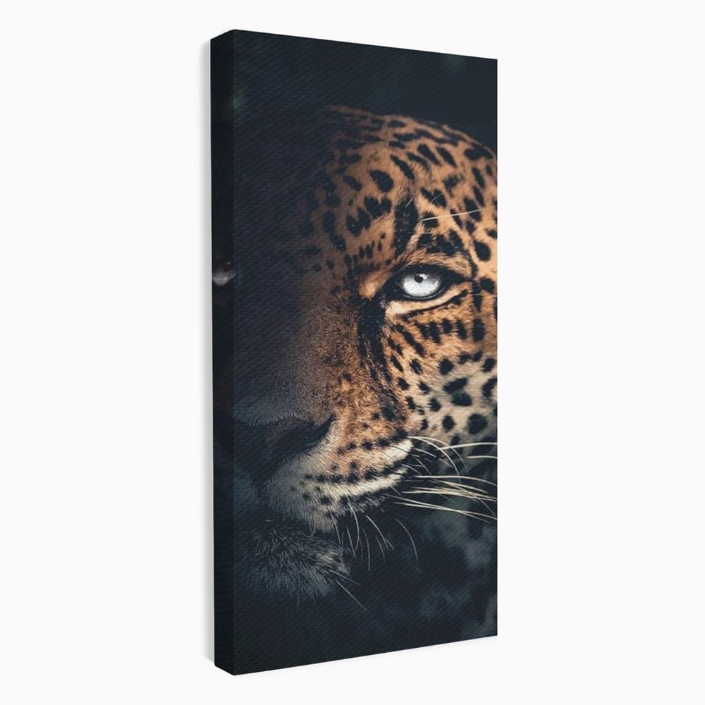 Leinwand Premium Canvas Wandkunst, LuxCanva® M1179, Wilde Eleganz, Jaguar, Blick, Porträt, Feline, Augen, Realistisch, Dschungel, Schatten, Natur, Instinkt, Regal, Büro, Wohnen, Kinderzimmer