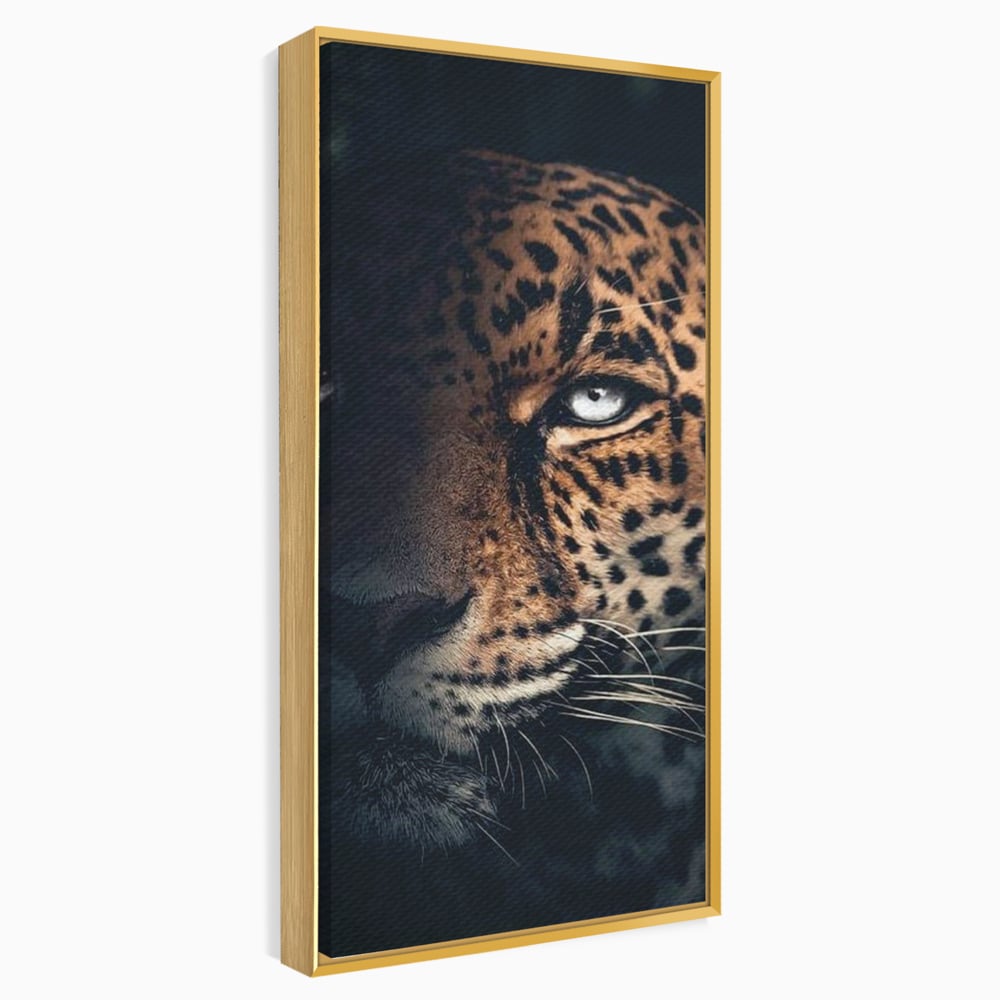 Leinwand Premium Canvas Wandkunst, LuxCanva® M1179, Wilde Eleganz, Jaguar, Blick, Porträt, Feline, Augen, Realistisch, Dschungel, Schatten, Natur, Instinkt, Regal, Büro, Wohnen, Kinderzimmer