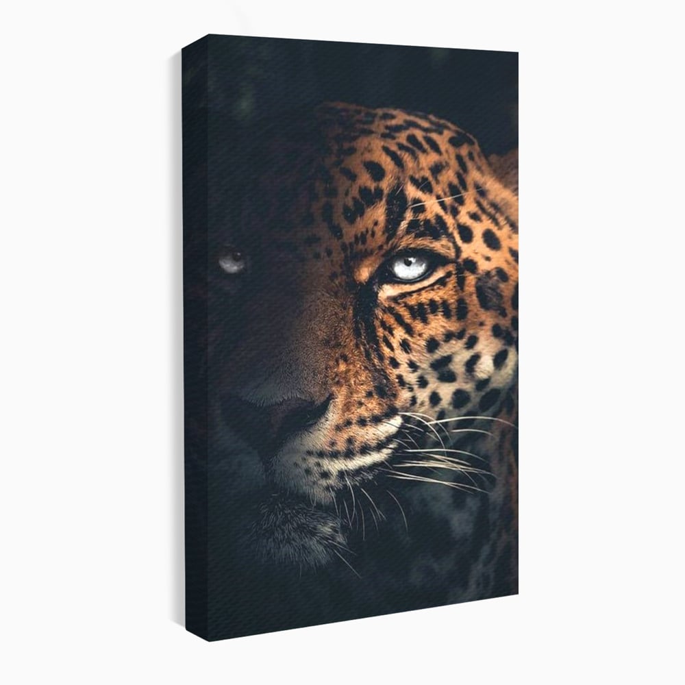 Leinwand Premium Canvas Wandkunst, LuxCanva® M1179, Wilde Eleganz, Jaguar, Blick, Porträt, Feline, Augen, Realistisch, Dschungel, Schatten, Natur, Instinkt, Regal, Büro, Wohnen, Kinderzimmer