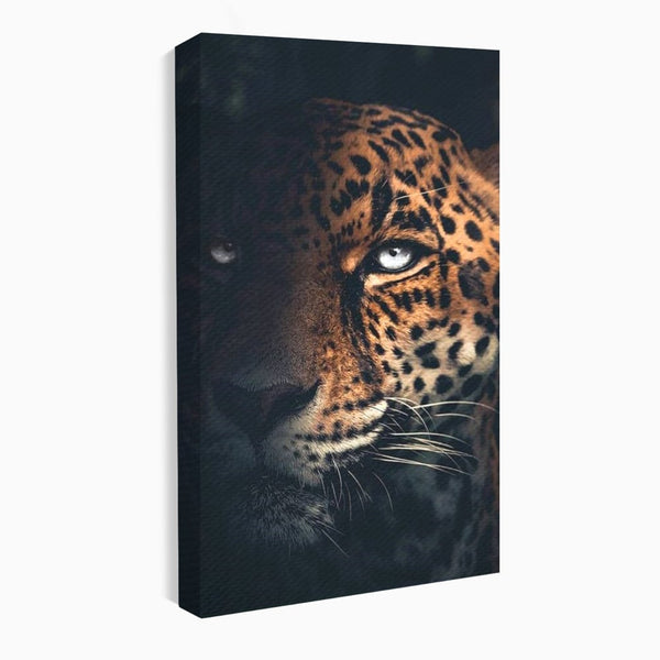 Leinwand Premium Canvas Wandkunst, LuxCanva® M1179, Wilde Eleganz, Jaguar, Blick, Porträt, Feline, Augen, Realistisch, Dschungel, Schatten, Natur, Instinkt, Regal, Büro, Wohnen, Kinderzimmer