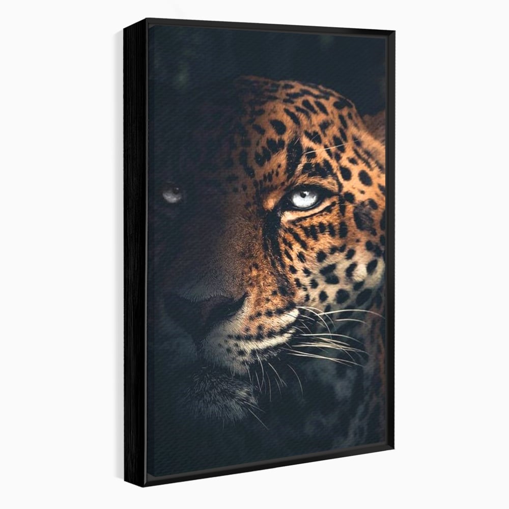 Leinwand Premium Canvas Wandkunst, LuxCanva® M1179, Wilde Eleganz, Jaguar, Blick, Porträt, Feline, Augen, Realistisch, Dschungel, Schatten, Natur, Instinkt, Regal, Büro, Wohnen, Kinderzimmer