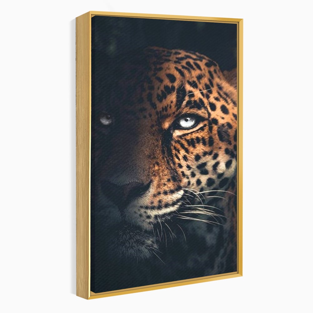 Leinwand Premium Canvas Wandkunst, LuxCanva® M1179, Wilde Eleganz, Jaguar, Blick, Porträt, Feline, Augen, Realistisch, Dschungel, Schatten, Natur, Instinkt, Regal, Büro, Wohnen, Kinderzimmer
