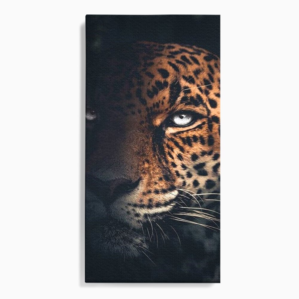 Leinwand Premium Canvas Wandkunst, LuxCanva® M1179, Wilde Eleganz, Jaguar, Blick, Porträt, Feline, Augen, Realistisch, Dschungel, Schatten, Natur, Instinkt, Regal, Büro, Wohnen, Kinderzimmer