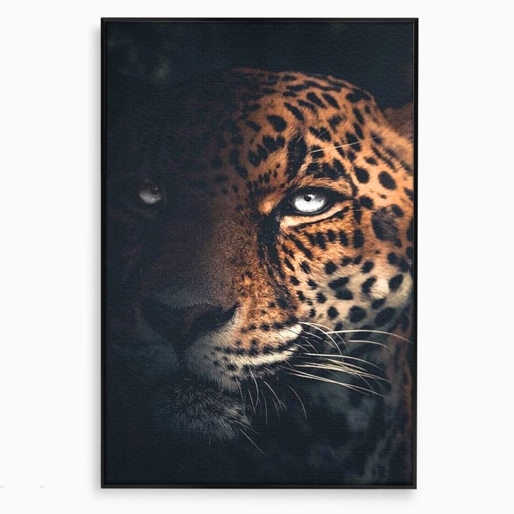 Leinwand Premium Canvas Wandkunst, LuxCanva® M1179, Wilde Eleganz, Jaguar, Blick, Porträt, Feline, Augen, Realistisch, Dschungel, Schatten, Natur, Instinkt, Regal, Büro, Wohnen, Kinderzimmer