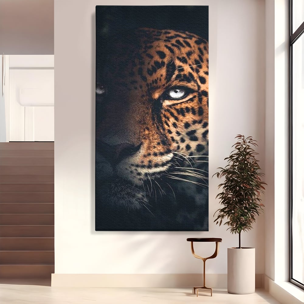 Leinwand Premium Canvas Wandkunst, LuxCanva® M1179, Wilde Eleganz, Jaguar, Blick, Porträt, Feline, Augen, Realistisch, Dschungel, Schatten, Natur, Instinkt, Regal, Büro, Wohnen, Kinderzimmer