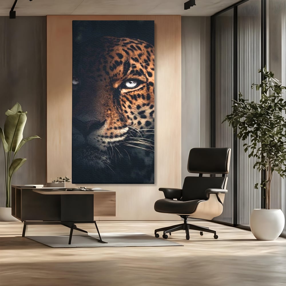 Leinwand Premium Canvas Wandkunst, LuxCanva® M1179, Wilde Eleganz, Jaguar, Blick, Porträt, Feline, Augen, Realistisch, Dschungel, Schatten, Natur, Instinkt, Regal, Büro, Wohnen, Kinderzimmer