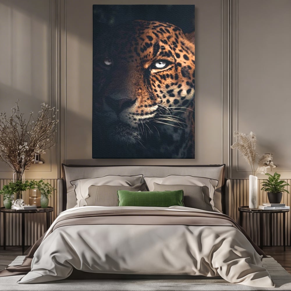 Leinwand Premium Canvas Wandkunst, LuxCanva® M1179, Wilde Eleganz, Jaguar, Blick, Porträt, Feline, Augen, Realistisch, Dschungel, Schatten, Natur, Instinkt, Regal, Büro, Wohnen, Kinderzimmer
