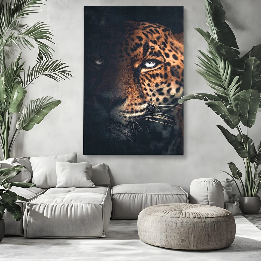 Leinwand Premium Canvas Wandkunst, LuxCanva® M1179, Wilde Eleganz, Jaguar, Blick, Porträt, Feline, Augen, Realistisch, Dschungel, Schatten, Natur, Instinkt, Regal, Büro, Wohnen, Kinderzimmer