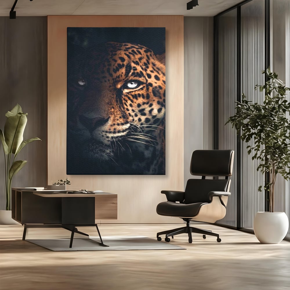 Leinwand Premium Canvas Wandkunst, LuxCanva® M1179, Wilde Eleganz, Jaguar, Blick, Porträt, Feline, Augen, Realistisch, Dschungel, Schatten, Natur, Instinkt, Regal, Büro, Wohnen, Kinderzimmer