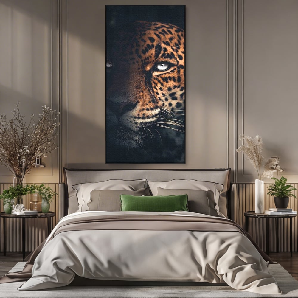 Leinwand Premium Canvas Wandkunst, LuxCanva® M1179, Wilde Eleganz, Jaguar, Blick, Porträt, Feline, Augen, Realistisch, Dschungel, Schatten, Natur, Instinkt, Regal, Büro, Wohnen, Kinderzimmer