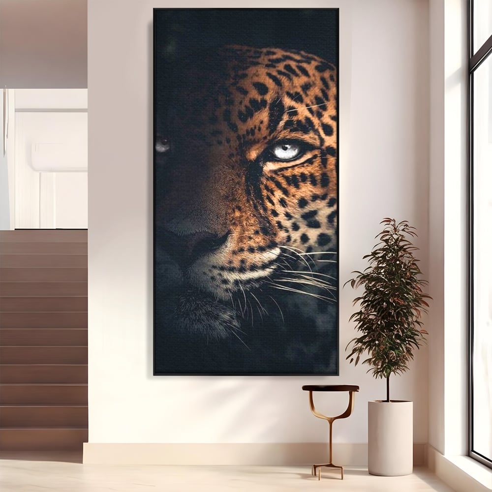 Leinwand Premium Canvas Wandkunst, LuxCanva® M1179, Wilde Eleganz, Jaguar, Blick, Porträt, Feline, Augen, Realistisch, Dschungel, Schatten, Natur, Instinkt, Regal, Büro, Wohnen, Kinderzimmer