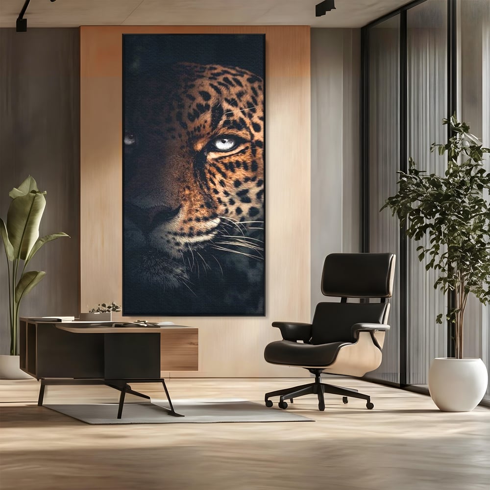 Leinwand Premium Canvas Wandkunst, LuxCanva® M1179, Wilde Eleganz, Jaguar, Blick, Porträt, Feline, Augen, Realistisch, Dschungel, Schatten, Natur, Instinkt, Regal, Büro, Wohnen, Kinderzimmer