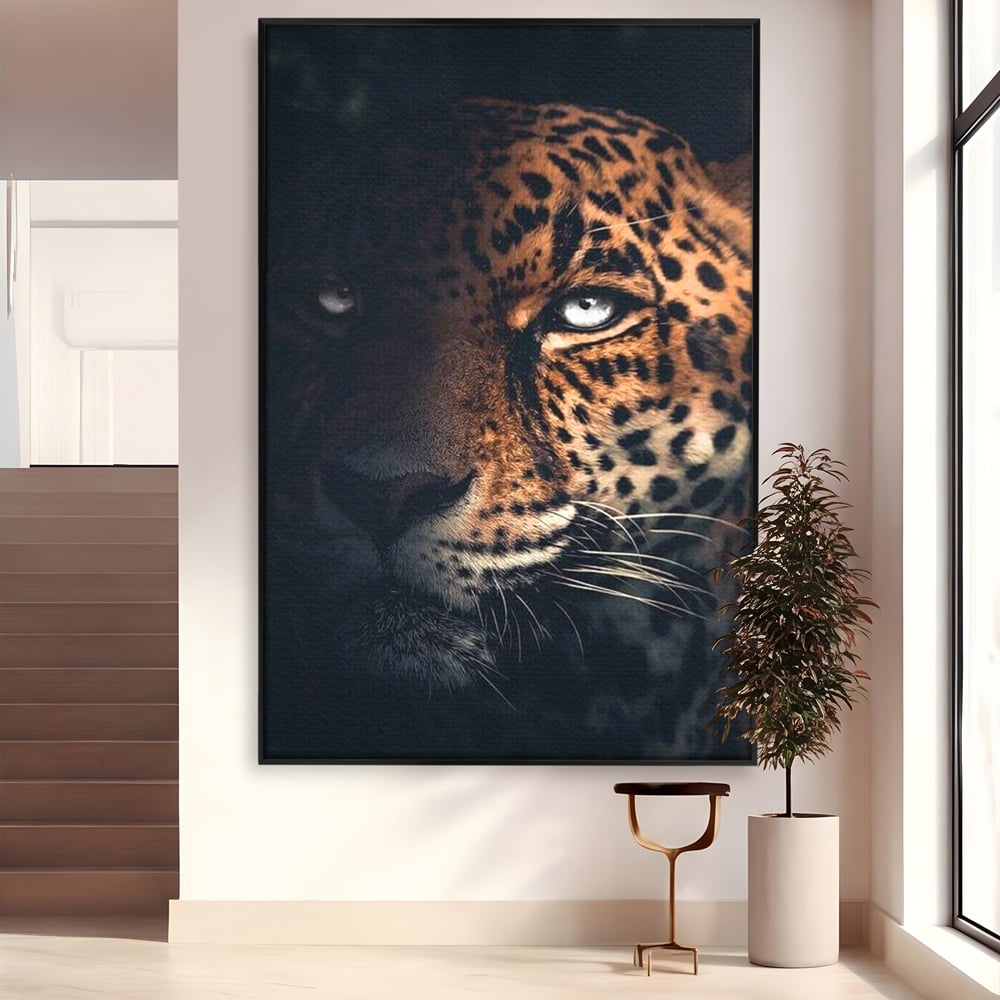 Leinwand Premium Canvas Wandkunst, LuxCanva® M1179, Wilde Eleganz, Jaguar, Blick, Porträt, Feline, Augen, Realistisch, Dschungel, Schatten, Natur, Instinkt, Regal, Büro, Wohnen, Kinderzimmer