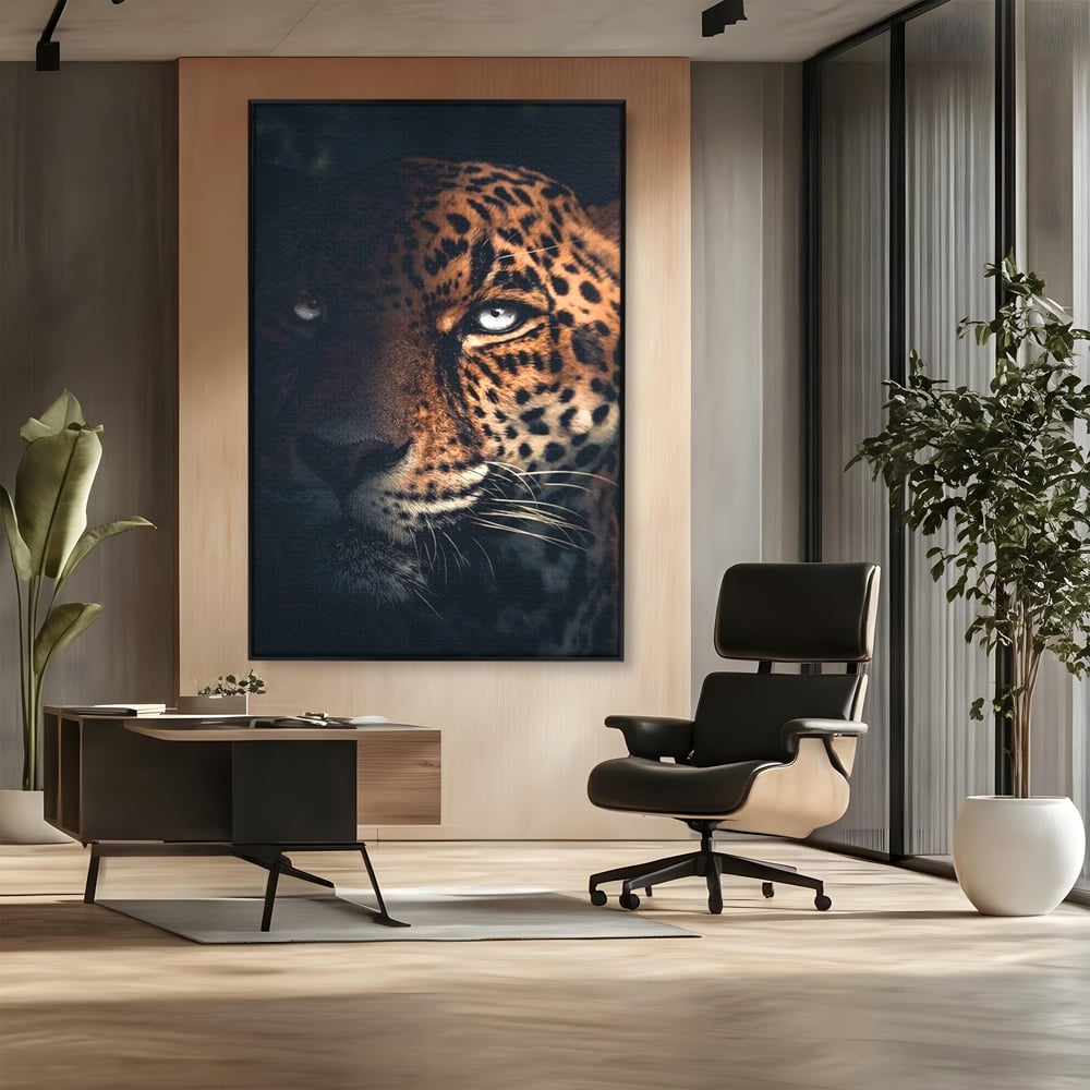 Leinwand Premium Canvas Wandkunst, LuxCanva® M1179, Wilde Eleganz, Jaguar, Blick, Porträt, Feline, Augen, Realistisch, Dschungel, Schatten, Natur, Instinkt, Regal, Büro, Wohnen, Kinderzimmer