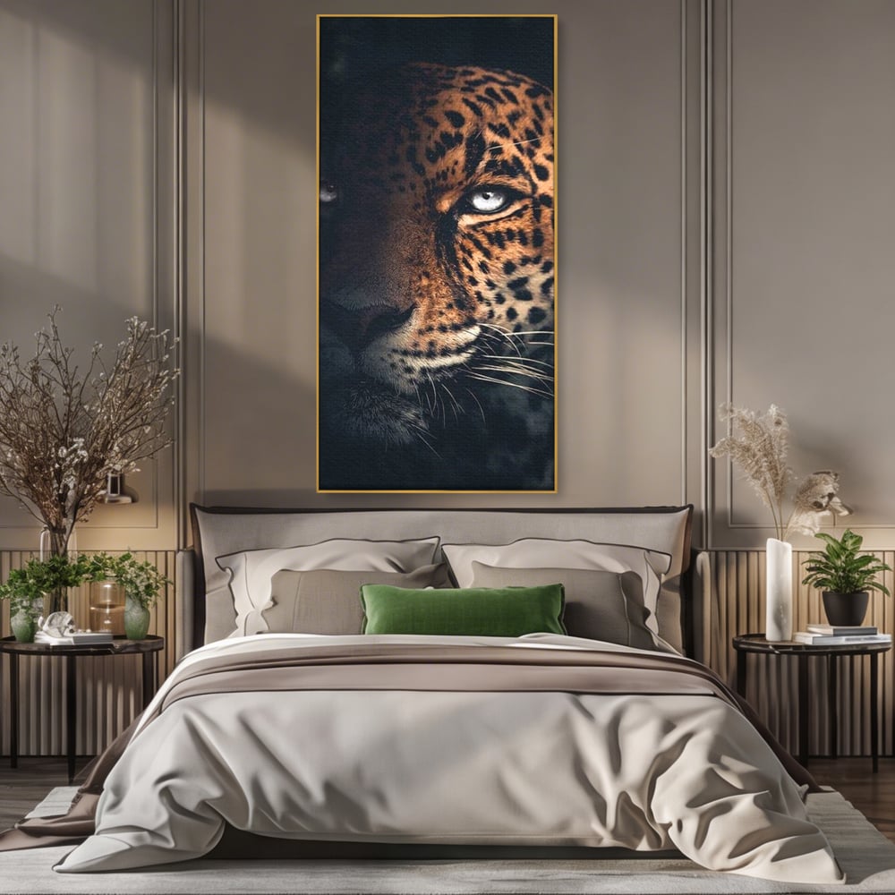 Leinwand Premium Canvas Wandkunst, LuxCanva® M1179, Wilde Eleganz, Jaguar, Blick, Porträt, Feline, Augen, Realistisch, Dschungel, Schatten, Natur, Instinkt, Regal, Büro, Wohnen, Kinderzimmer