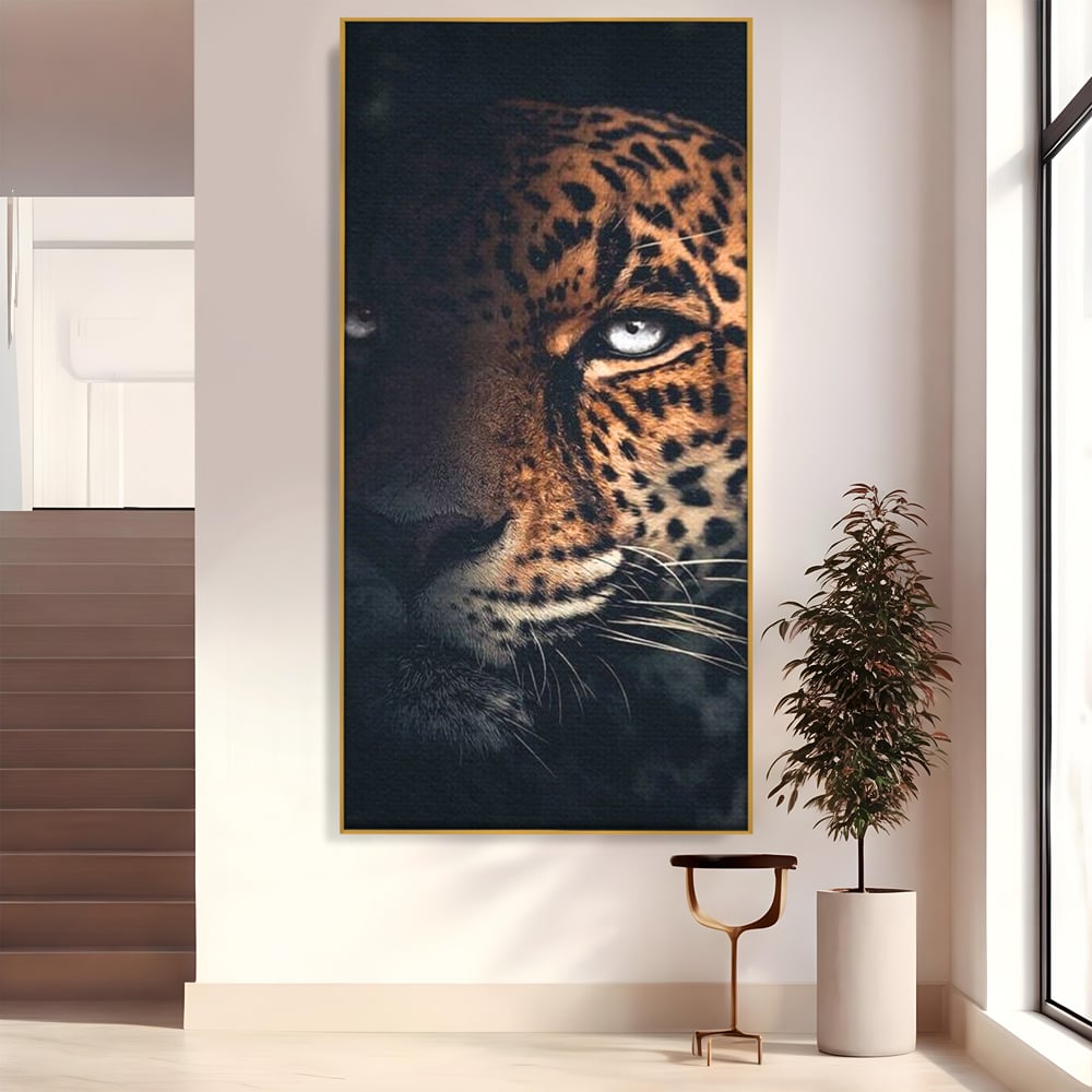 Leinwand Premium Canvas Wandkunst, LuxCanva® M1179, Wilde Eleganz, Jaguar, Blick, Porträt, Feline, Augen, Realistisch, Dschungel, Schatten, Natur, Instinkt, Regal, Büro, Wohnen, Kinderzimmer