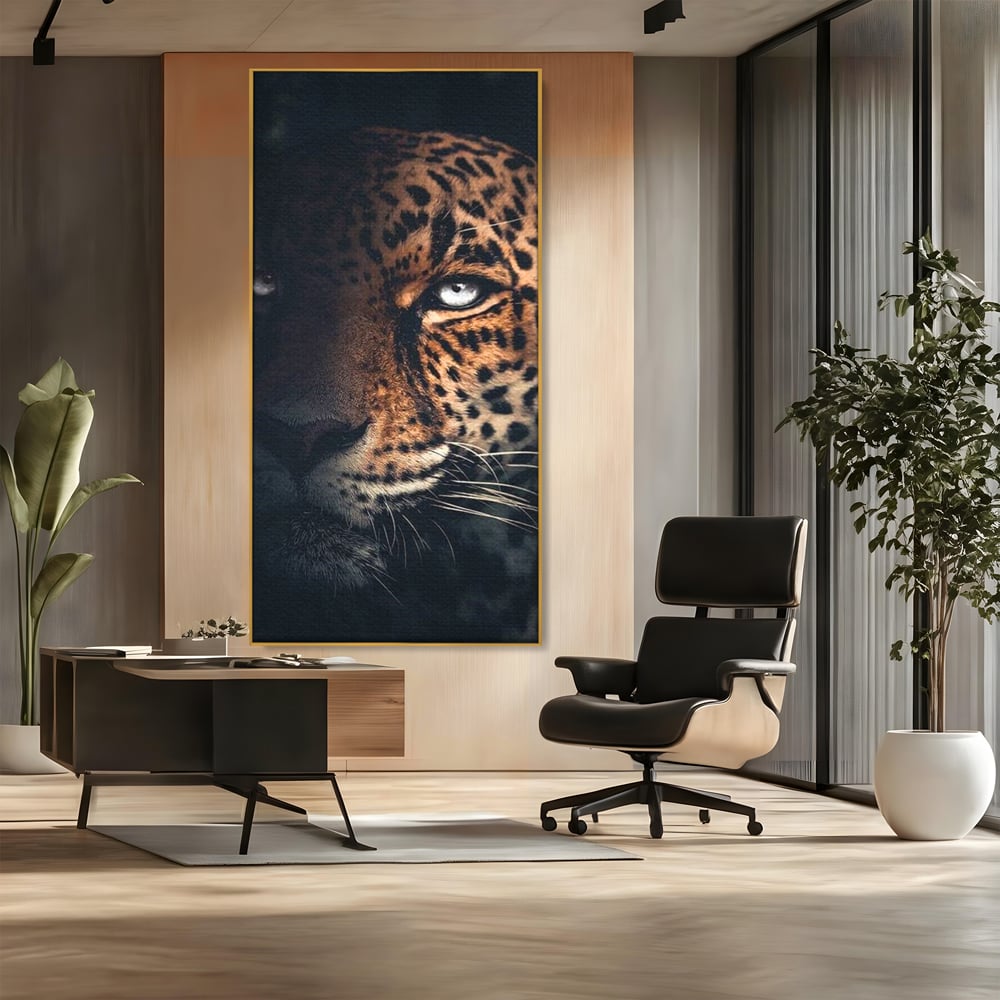 Leinwand Premium Canvas Wandkunst, LuxCanva® M1179, Wilde Eleganz, Jaguar, Blick, Porträt, Feline, Augen, Realistisch, Dschungel, Schatten, Natur, Instinkt, Regal, Büro, Wohnen, Kinderzimmer