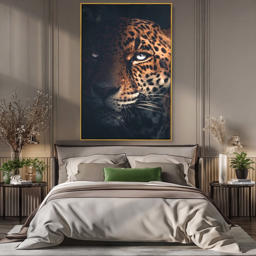 Leinwand Premium Canvas Wandkunst, LuxCanva® M1179, Wilde Eleganz, Jaguar, Blick, Porträt, Feline, Augen, Realistisch, Dschungel, Schatten, Natur, Instinkt, Regal, Büro, Wohnen, Kinderzimmer