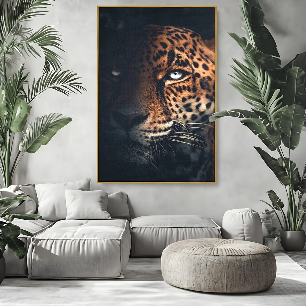 Leinwand Premium Canvas Wandkunst, LuxCanva® M1179, Wilde Eleganz, Jaguar, Blick, Porträt, Feline, Augen, Realistisch, Dschungel, Schatten, Natur, Instinkt, Regal, Büro, Wohnen, Kinderzimmer