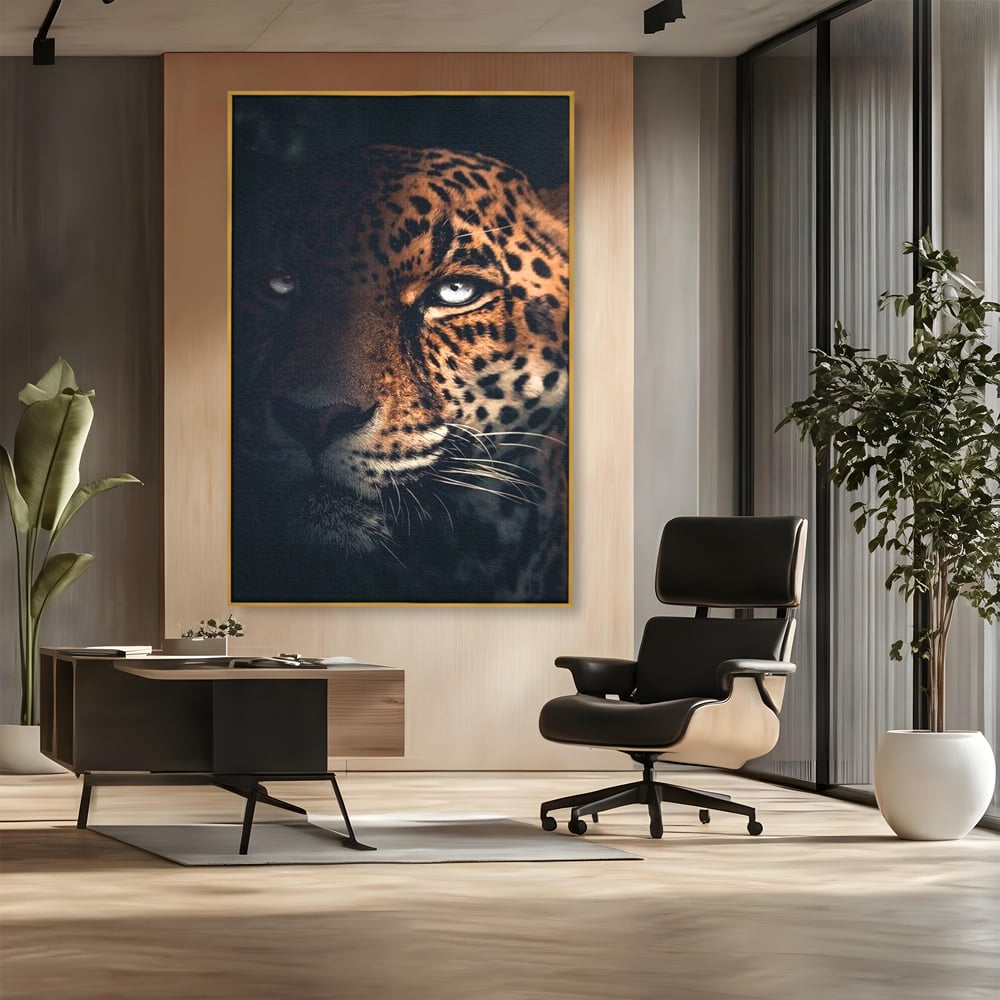 Leinwand Premium Canvas Wandkunst, LuxCanva® M1179, Wilde Eleganz, Jaguar, Blick, Porträt, Feline, Augen, Realistisch, Dschungel, Schatten, Natur, Instinkt, Regal, Büro, Wohnen, Kinderzimmer