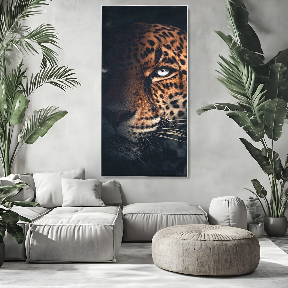 Leinwand Premium Canvas Wandkunst, LuxCanva® M1179, Wilde Eleganz, Jaguar, Blick, Porträt, Feline, Augen, Realistisch, Dschungel, Schatten, Natur, Instinkt, Regal, Büro, Wohnen, Kinderzimmer