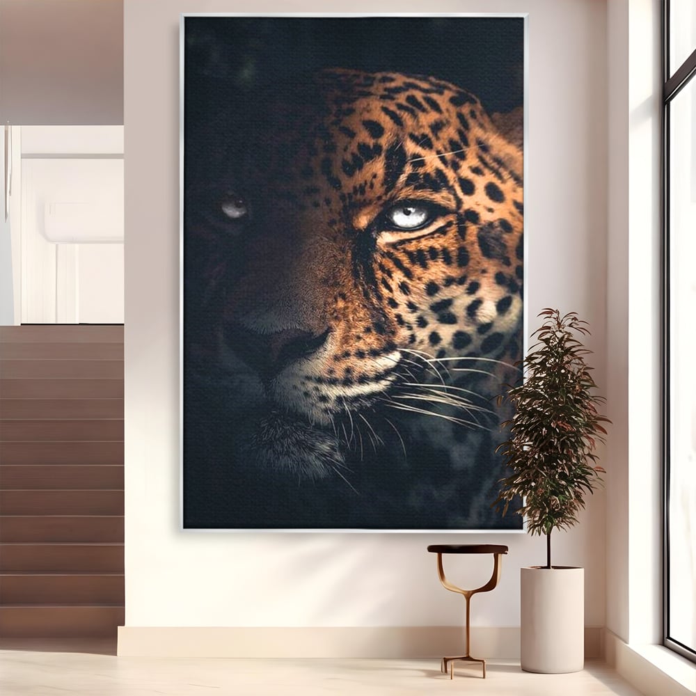 Leinwand Premium Canvas Wandkunst, LuxCanva® M1179, Wilde Eleganz, Jaguar, Blick, Porträt, Feline, Augen, Realistisch, Dschungel, Schatten, Natur, Instinkt, Regal, Büro, Wohnen, Kinderzimmer