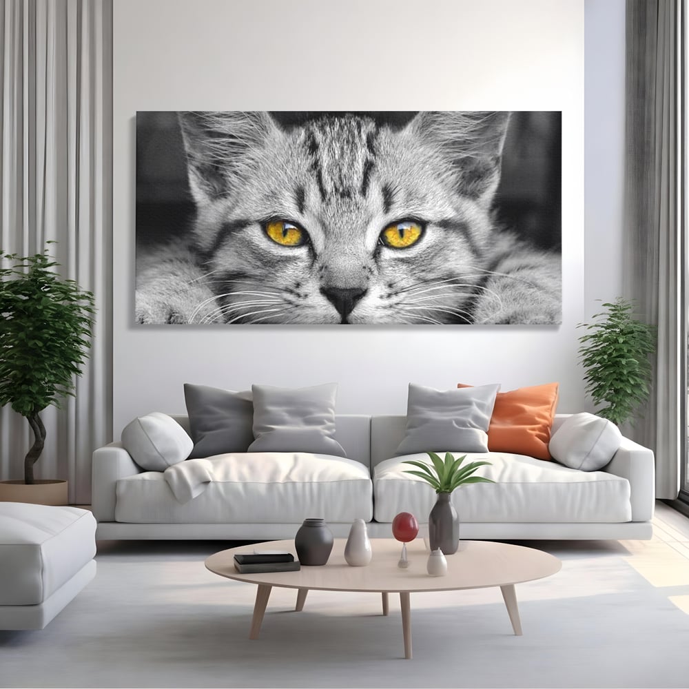 Tablou Canvas Premium, LuxCanva® M1180, Scanteia Inocentei, Ochi, Felina, Pisica, Copilarie, Mic, Inocent, Dragalas, Privire, Blana, Alb si Negru, Animal, Birou, Living, Camera Copil