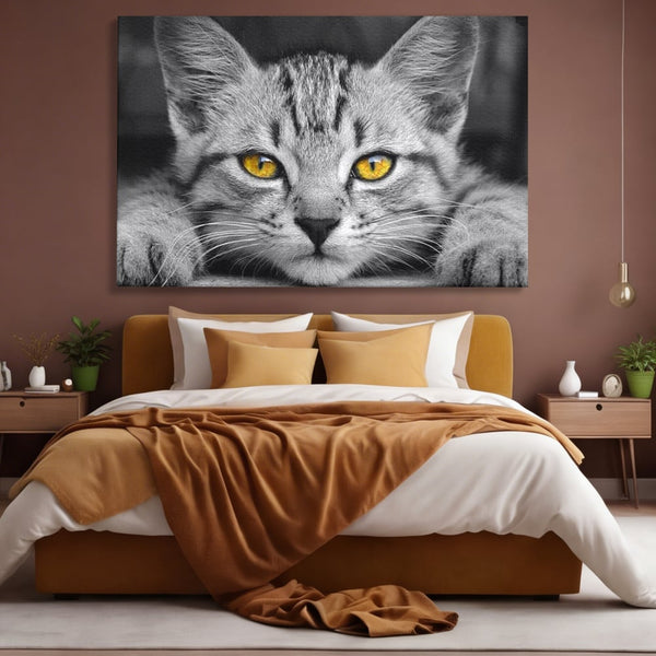 Tablou Canvas Premium, LuxCanva® M1180, Scanteia Inocentei, Ochi, Felina, Pisica, Copilarie, Mic, Inocent, Dragalas, Privire, Blana, Alb si Negru, Animal, Birou, Living, Camera Copil