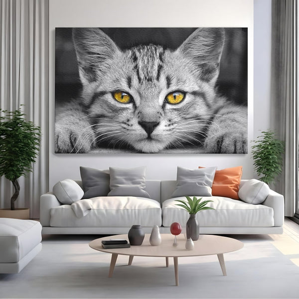 Tablou Canvas Premium, LuxCanva® M1180, Scanteia Inocentei, Ochi, Felina, Pisica, Copilarie, Mic, Inocent, Dragalas, Privire, Blana, Alb si Negru, Animal, Birou, Living, Camera Copil