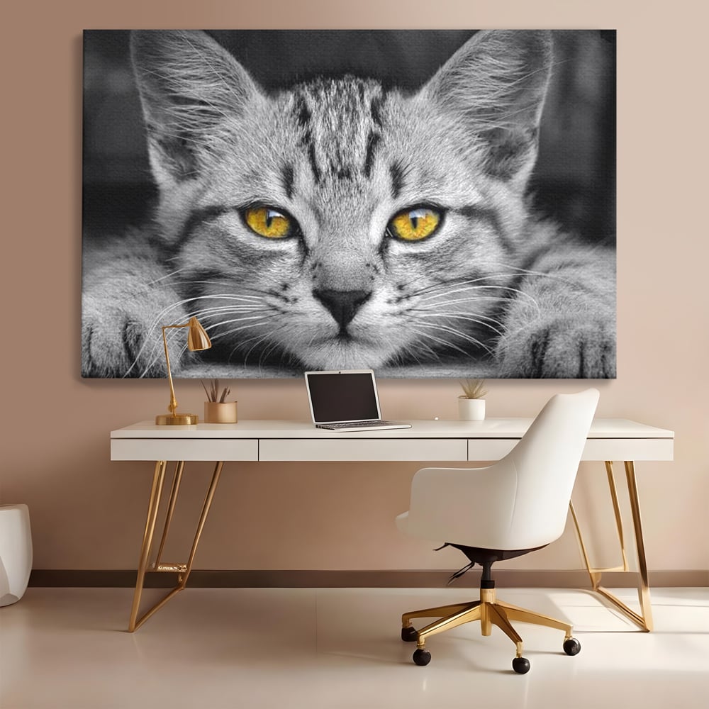 Tablou Canvas Premium, LuxCanva® M1180, Scanteia Inocentei, Ochi, Felina, Pisica, Copilarie, Mic, Inocent, Dragalas, Privire, Blana, Alb si Negru, Animal, Birou, Living, Camera Copil